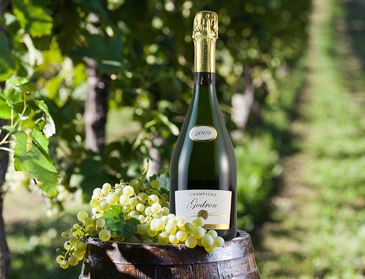 Bouteille de Champagne avec vigne et tonneau Maison Godron